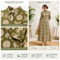 Robe longue femme verte à imprimé animal ethnique, col chemise, manches trois-quarts, boutonnée sur le devant, respirante, lavable, infroissable et antistatique