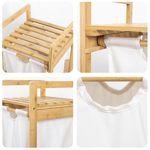 Laundry Hamper Bamboo <b>Frame</b> <b>Canvas</b> Bag Storage Rack <b>For</b> Dirty Clothes Bathroom Organizer Standing Type Rectangle Shape - Product Image 4