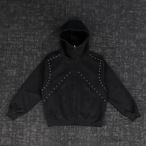 Sweat-shirt à capuche pour homme en molleton français avec fermeture éclair, rivets et strass, style streetwear, service OEM - Product Image 3