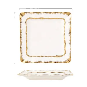 High-End 25.5cm*25.5cm*3cm White Gold Edge Square Ceramic Plate Minimalist Creative Wavy Edge Beaded Sustainable Back School