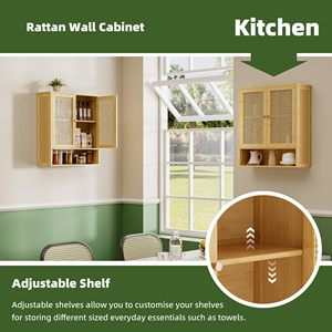 Armoire murale de salle de bains en <span class=keywords><strong>bambou</strong></span>, organisateur de rangement en <span class=keywords><strong>bambou</strong></span> au-dessus des toilettes avec 2 portes en <span class=keywords><strong>rotin</strong></span>, étagère réglable en bois - Product Image 5