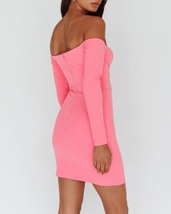 Pink Off Shoulder Bodycon Mini Dress With Rhinestone Cutouts And Slit For Party Summer Wear - Product Image 2