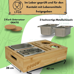 Couch Bar Sofa <b>Tray</b> with Drink Holder and 2 Stainless Steel <b>Chips</b> Bowls Including 2 Cork Coasters - Sofa Organizer - Product Image 2