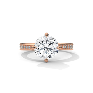 Élégante bague de fiançailles et de fête de style vintage en or rose 10k 14k avec diamants de laboratoire taille ronde et pierres latérales, collection RAAMAA - Product Image 1