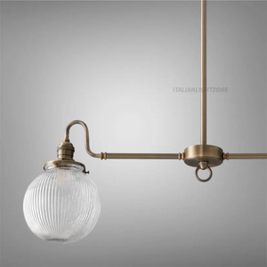 Lustre en laiton avec abat-jour en verre côtelé, suspension linéaire à 2 lumières, luminaire de plafond italien de style mid-century pour cuisine et salle à manger - Product Image 4