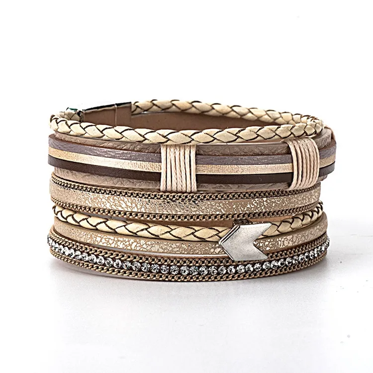 Mode Boho rétro Style charme flèche fait à la main tressé corde enroulé multicouche en cuir boucle magnétique fermoir Bracelet pour femmes