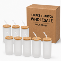 Lot de 100 tasses en verre dépoli de 16 oz pour sublimation, avec couvercle en bambou et paille en verre, pour cafés et boutiques de cadeaux, stock en gros à l'étranger