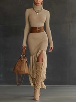 Robe plissée côtelée à col roulé pour femme, style bohème, collection Printemps/Automne/Hiver 2026, en stock usine, transfrontalière Europe/Amérique