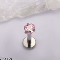 VIEN Jewellery ZPO-199 Bijoux de piercing personnalisés en Titane G23, Labret à dos plat avec Zircon Cubique (CZ) serti à griffes en forme de cœur et carré, pour Hélix et Tragus