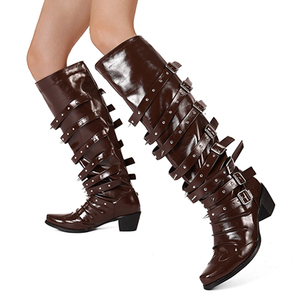 Metal Buckles Women Rivets Knee High <b>Boots</b> Chunky Heels Shoes on Wide Fit Square Toe Long <b>Boots</b> - Product Image 4