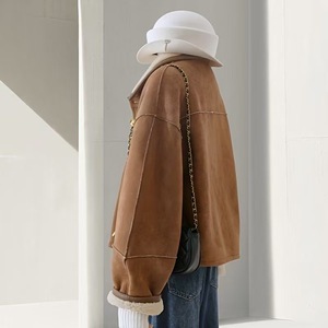 Brown Suede Coat Women Lamb Wool Filling Winter Warm Outerwear Solid Color Thick Fabric Woven Style - Product Image 3
