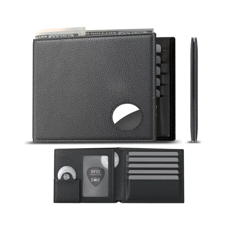 Men Leather Wallet With Stealth Pocket For AirTag RFID Card Holder Blocking Bifold Wallet With ID Window