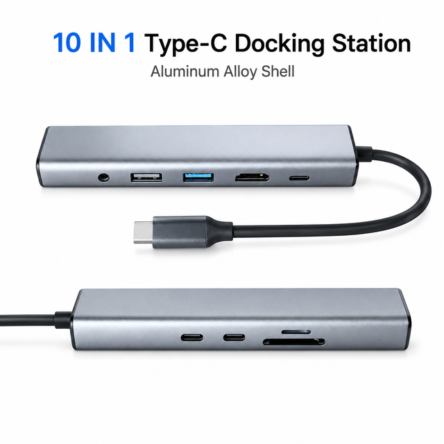 10-in-1Type-C Aluminium Docking Station 4K30Hz 100Mbps  PD100W Multiport Adapter for Notebooks Office Equipment in Stock