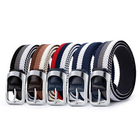 Ceinture unisexe extensible tressée en tissu extensible avec garniture en cuir, ceinture de golf décontractée à rayures avec boucle en alliage