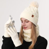 Ensemble de trois pièces confortable en laine mélangée épaisse à bord côtelé, comprenant un bonnet en tricot personnalisé avec logo, une écharpe et des gants, avec pompon, pour l'extérieur
