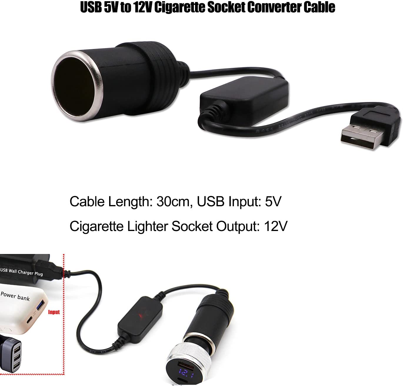 USB A Male to 12V Car Cigarette Lighter Socket Adapter