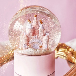 Độc đáo hấp dẫn dễ thương trẻ em phong cách cổ tích lâu đài long lanh thủy tinh quả cầu tuyết bóng nước với cơ sở màu hồng cho quà tặng - Product Image 1