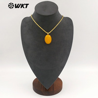 WT-N1539 Collier Pendentif en Gros Plaqué Or avec Grande Pierre Précieuse Ovale Sertie en Bezel et Chaîne Corde