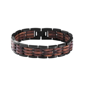 Bracelets unisexes en bois et acier inoxydable noir faits à la main, logo personnalisé, écologiques, Pulsera De Madera - Product Image 1