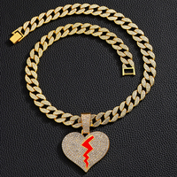 Pendentif en forme de coeur en strass hip-hop avec collier pendentif chaîne cubaine en diamant de 15mm