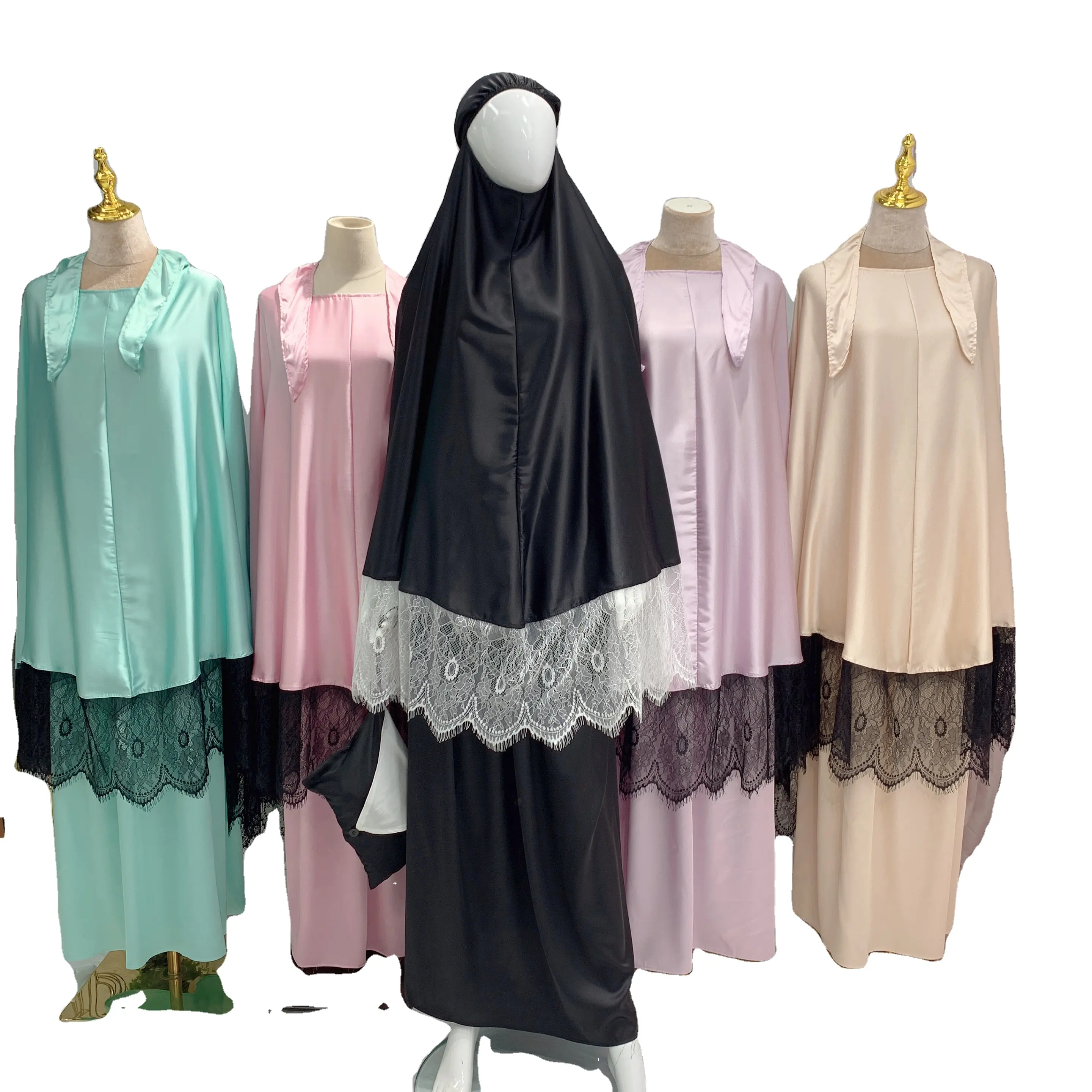 2022 Nieuwe Dubai Arabische Moslim Kaftan 2Pcs Islamitische Abaya Jurk Satijn Tweedelige Abaya Set Gebed Jilbab Met Kant