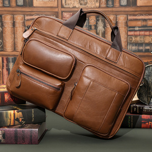 Men's Genuine Leather <b>Briefcase</b> 15.6 Inches Multi-functional Business Travel Shoulder Crossbody Bag - Product Image 1