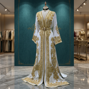 Elegant White Gold Embroidered Polyester Modest Abaya High Neck Long Sleeve MAXI Floral Pattern Middle <b>East</b> Wedding Women Loose - Product Image 3