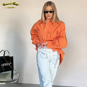 Camicie arancioni estive con scollo a V abbottonato per donna camicia a fessura laterale manica lunga camicette oversize top - Product Image 1