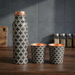 Oriental Pattern Copper Thermos With Two Matching Cups Portable <b>Drinkware</b> Set - Indian Home Crafts - Product Image 1