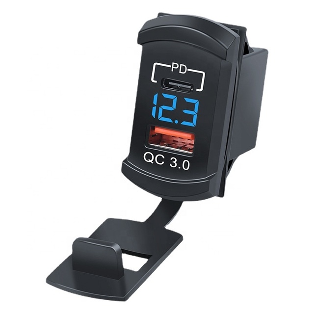 12V 24V QC 3.0 Type C PD Rocker Switch Style Dual USB Mobile Phone Car Charger Socket with Voltmeter Voltage Display for RV