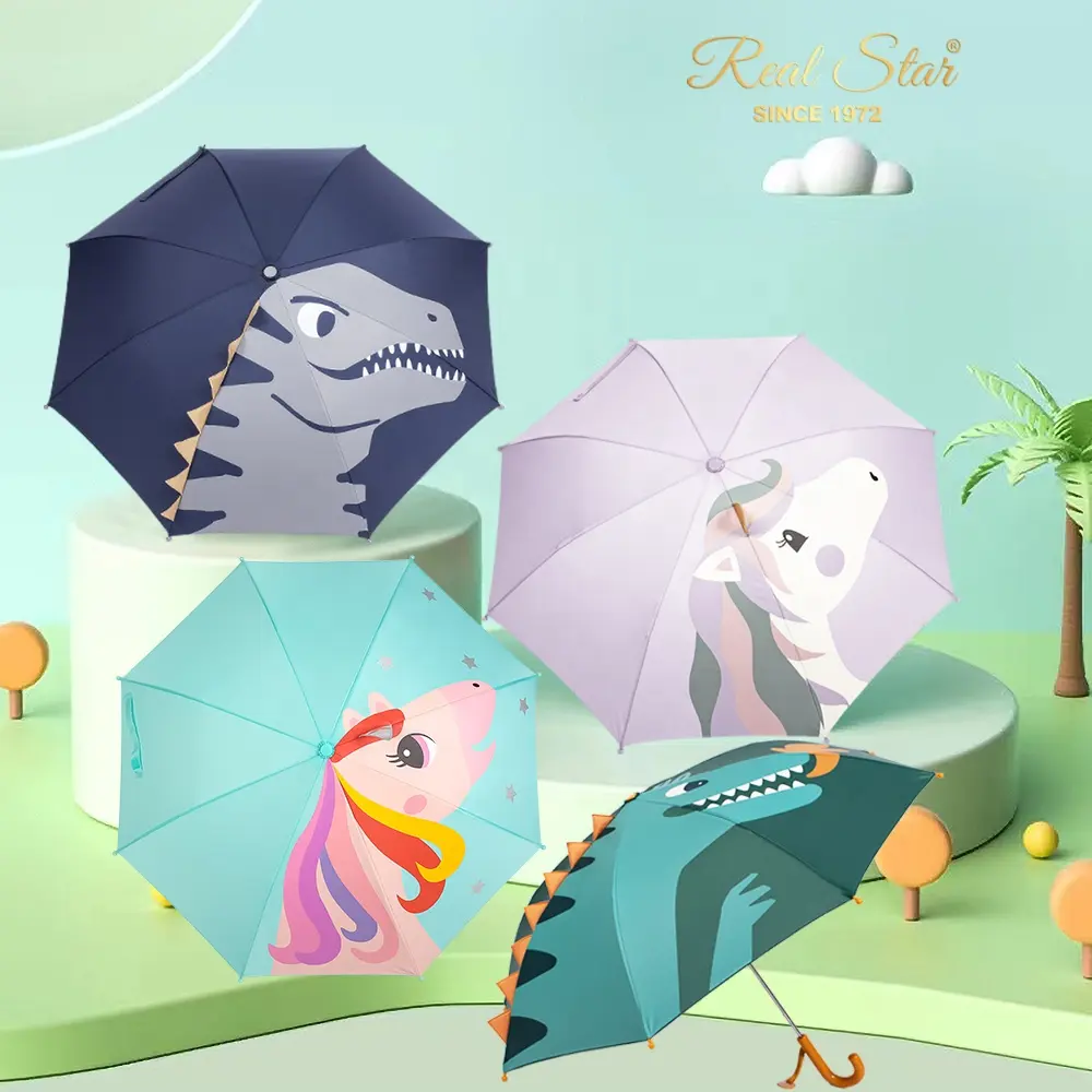 Guarda-chuva infantil 3d de desenhos animados, com orelhas, dinossauro e unicórnio para crianças