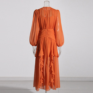 LE2641 2024 Outono Chiffon Plissado Maxi Vestido Mulher Lotus Leaf Lace Splicing Cintura Alta Fairy Saia Vestidos de noite elegantes - Product Image 3