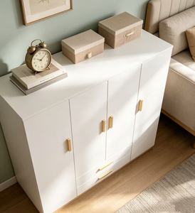 Armoire blanche minimaliste avec 2 tiroirs, portes à charnières, poignées en bois, meubles de chambre à coucher modernes, armoire de rangement autoportante - Product Image 5