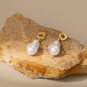 Faux Pearl Stud <b>Earrings</b> Geometric Irregular Shape 14k Gold <b>Post</b> Party Fashion Drop <b>Earrings</b> - Product Image 3