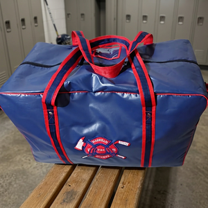 <b>Navy</b> Blue PVC Duffel <b>Bag</b> with Red Trim, Zipper Closure, and Custom Logo - Product Image 1