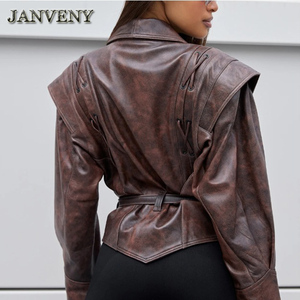 JANVENY 2024 Giacche in Ecopelle con Colletto per <span class=keywords><strong>Donna</strong></span>, Stile Vintage con Lacci, Maniche Lunghe, <span class=keywords><strong>Blazer</strong></span> Corto in <span class=keywords><strong>Pelle</strong></span> PU - Product Image 5
