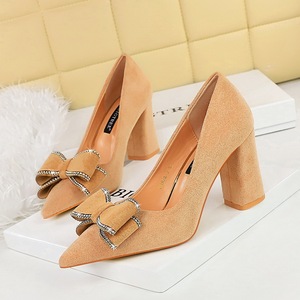 Zapatos de Mujer de Moda Coreana, Primavera-Otoño, Nuevos Tacones Altos, Tacón Grueso, Gamuza, Punta Puntiaguda, Tacón Delgado con Lazo - Product Image 3