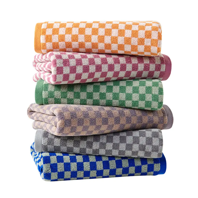 Vente en gros 100% coton personnalisé épais grande serviette de bain Jacquard avec logo à carreaux Plaid 2 couleurs teint fil tissé serviettes de plage