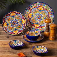 Service de vaisselle en céramique sous glaçure style bohème, comprenant des bols à riz vintage, des bols à soupe et à nouilles à double anse et des assiettes, pour la maison et les restaurants