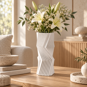 <span class=keywords><strong>Vaso</strong></span> <span class=keywords><strong>in</strong></span> Ceramica con Design Geometrico Bianco a Coste per <span class=keywords><strong>Fiori</strong></span> e Decorazioni per la Casa - Product Image 6