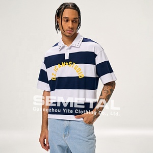 YITE Streetwear T-shirt da <span class=keywords><strong>uomo</strong></span> in cotone con borchie, colletto <span class=keywords><strong>a</strong></span> risvolto, taglio cropped e vestibilità ampia, <span class=keywords><strong>a</strong></span> <span class=keywords><strong>righe</strong></span>, <span class=keywords><strong>a</strong></span> maniche corte, con bottoni, in jersey, personalizzabile, tipo <span class=keywords><strong>polo</strong></span> - Product Image 2