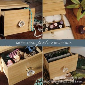 Bamboo Recipe <b>Box</b> With Drawer <b>Storage</b> For <b>Kitchen</b> Desktop Organizing Cards And Small Items - Product Image 4
