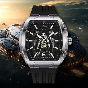PONIGER P2.12 Skeleton Mechanical Watch Tonneau Shape Steel Case Translucent Back Luminous Hands - Product Image 2