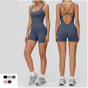 Combinaison de yoga athlétique décontractée pour femme, <span class=keywords><strong>justaucorps</strong></span> sans manches à dos croisé, sans couture, séchage rapide, en Spandex/Nylon - Product Image 1