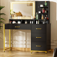 Bureau de maquillage en MDF noir et or avec miroir éclairé, 4 tiroirs et étagères ouvertes, couleurs personnalisées