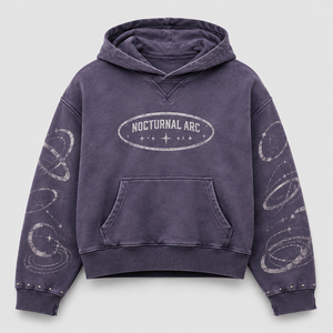 Sweat à capuche pour homme violet à strass, coupe courte, effet délavé vintage, avec motif graphique sur les manches, poche kangourou et bordure cloutée, style streetwear personnalisé - Product Image 1