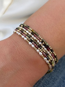 Bracelet pour femme en acier inoxydable plaqué or 18 carats avec perles espacées en pierre de lapis-lazuli vert facetté et perles brillantes mélangées – Cadeau naturel - Product Image 5