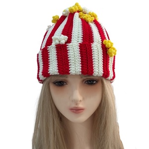 SOLPOP Gorro de punto hecho a mano para mujer y <span class=keywords><strong>hombre</strong></span>, cálido, grueso, con rayas rojas y blancas, estilo calavera, gorro de pescador colorido, gorro de ganchillo tipo palomitas de maíz - Product Image 2
