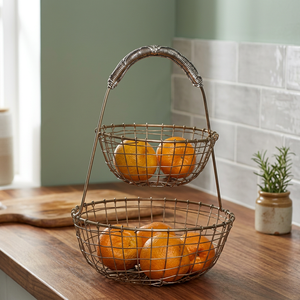 Panier de rangement métallique à double niveau, panier à fruits rustique en fil de fer pour cuisine, support rond en fer, support alimentaire durable - Product Image 5