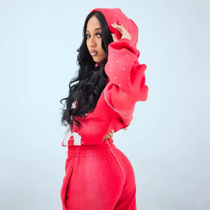 Tuta in strass con Patch di pericolo in pile personalizzata e Set di felpa con cappuccio completo tuta da <span class=keywords><strong>donna</strong></span> - Product Image 4